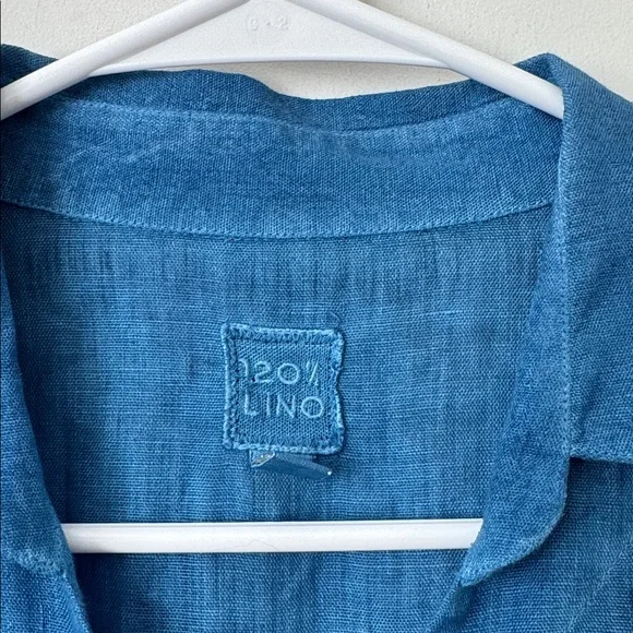 120% Lino 100% Linen Blue Button Front Tie Waist Midi Shirt Dress Size: 42 - Picture 5 of 12